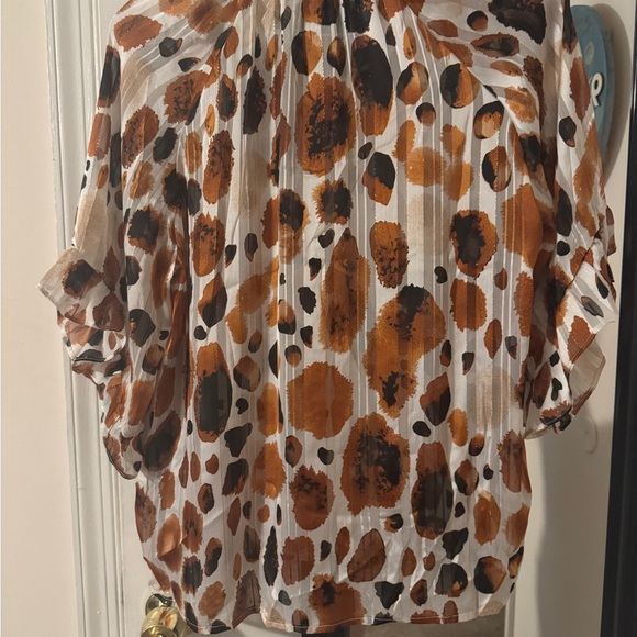 Brown and Black Flutter Sleeve Blouse with Tie Front - Picture 2 of 4